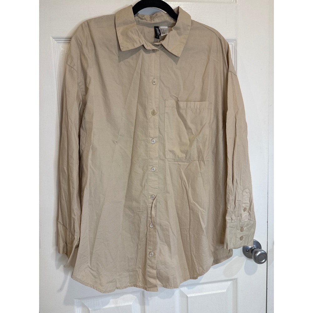 H&M Oversized Shirt Dress Button Down Long Sleeve Pocket‎ Casual Beige M